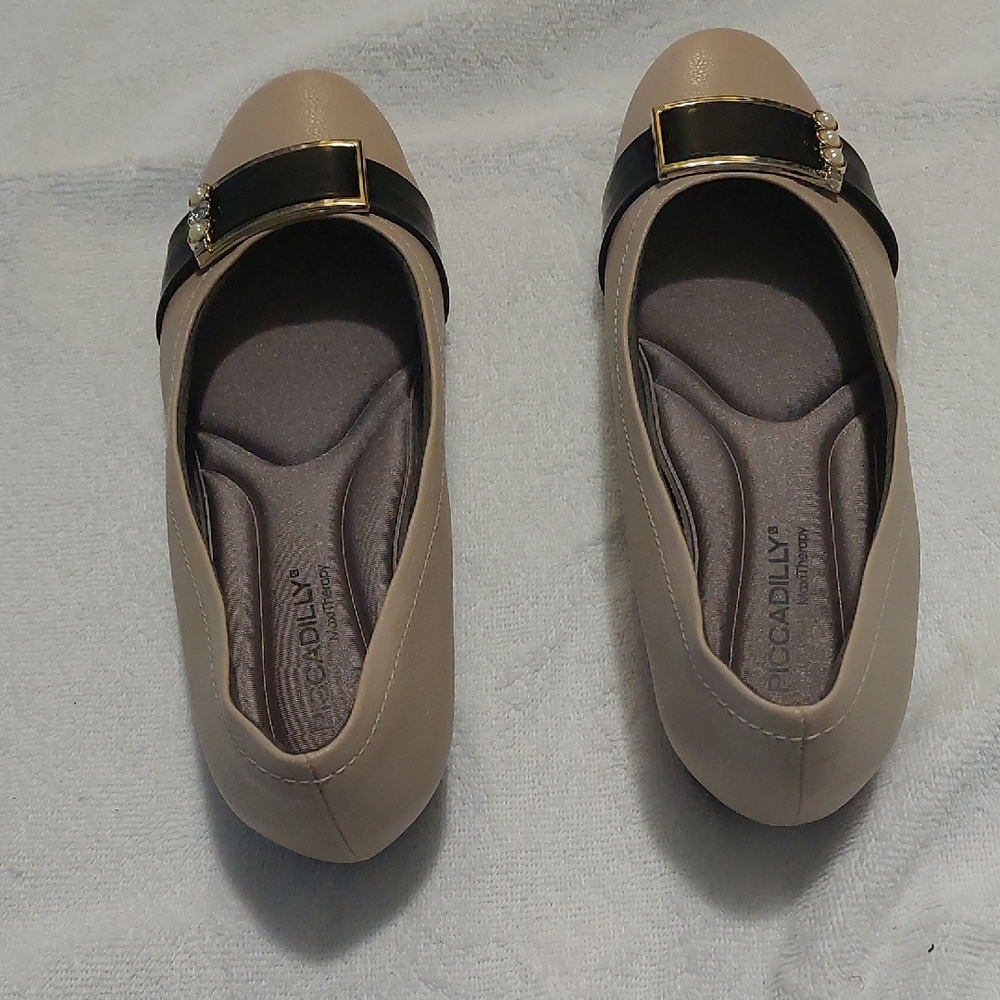 Women's Tan Loafers with Black Accents